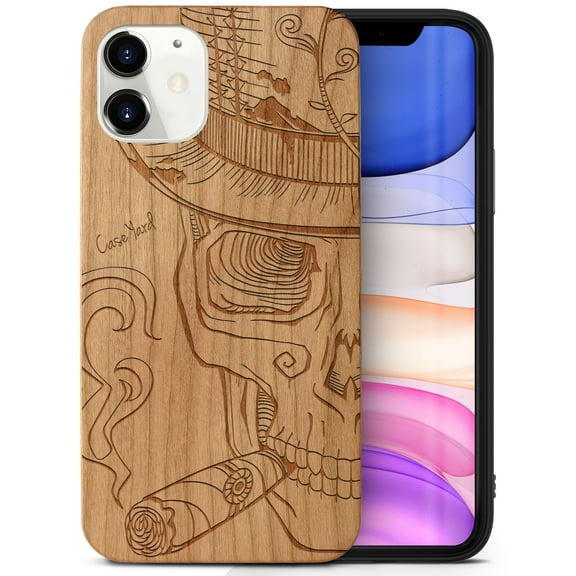 Case Yard Wooden Case Outside Soft TPU Silicone Slim Fit Shockproof Wood Phone Cover for Girls Boys Men and Women Supports Wireless Charging New Orleans Sugar Skull Design case for iPhone-12-Mini