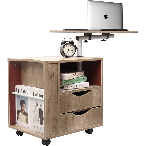 Bedside table workstation, adjustable Swivel Tilt wooden nightstand Laptop Desk with drawers and