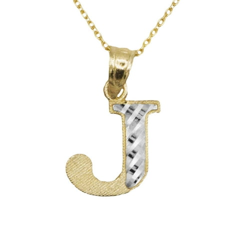 Two Tone Locket - 10k Yellow Gold Two Tone Letter J Initial with Diamond Cut Finish Pendant Necklace (No Chain)