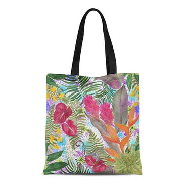 ASHLEIGH Canvas Tote Bag Watercolor Tropical Pattern Exotic Flowers Bird of Paradise Orchidea Reusable Shoulder Grocery Shopping Bags Handbag