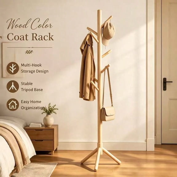 Natural Wood Solid Wood Coat Rack, Freestanding Wooden Coat Tree with Multi Hooks and Stable Tripod Base, Space-Saving Clothes Hanger Stand for Bedroom, Entryway, Living Room and Hallway