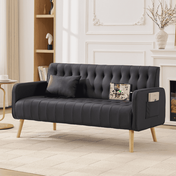 LAZZO 57" Faux Leather Loveseat Sofa, Tufted Couch with USB Charging Ports and Side Pockets, Black