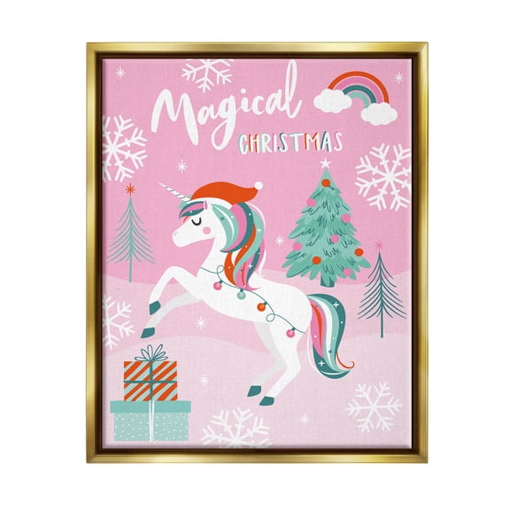 Magical Christmas Pink Unicorn Holiday Graphic Art Metallic Gold Framed Art Print Wall Art