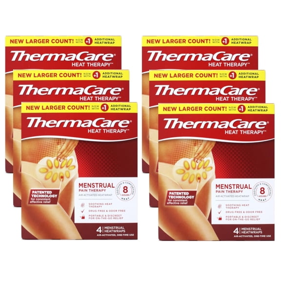 ThermaCare Menstrual Pain Therapy HeatWraps, Air Activated Heat Wraps, Up to 8 Hours Relief, 4 Count (Pack of 6)