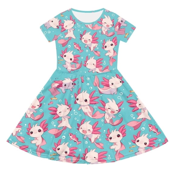 Rggeeun Toddler Girls Dresses Cartoon Cute Character Print Short Sleeve Crew Neck Knee-Length Loose Fit Soft Fabric With Ruffle For Outdoor Activities Stylish Sundress,Sky Blue,9-10 Years