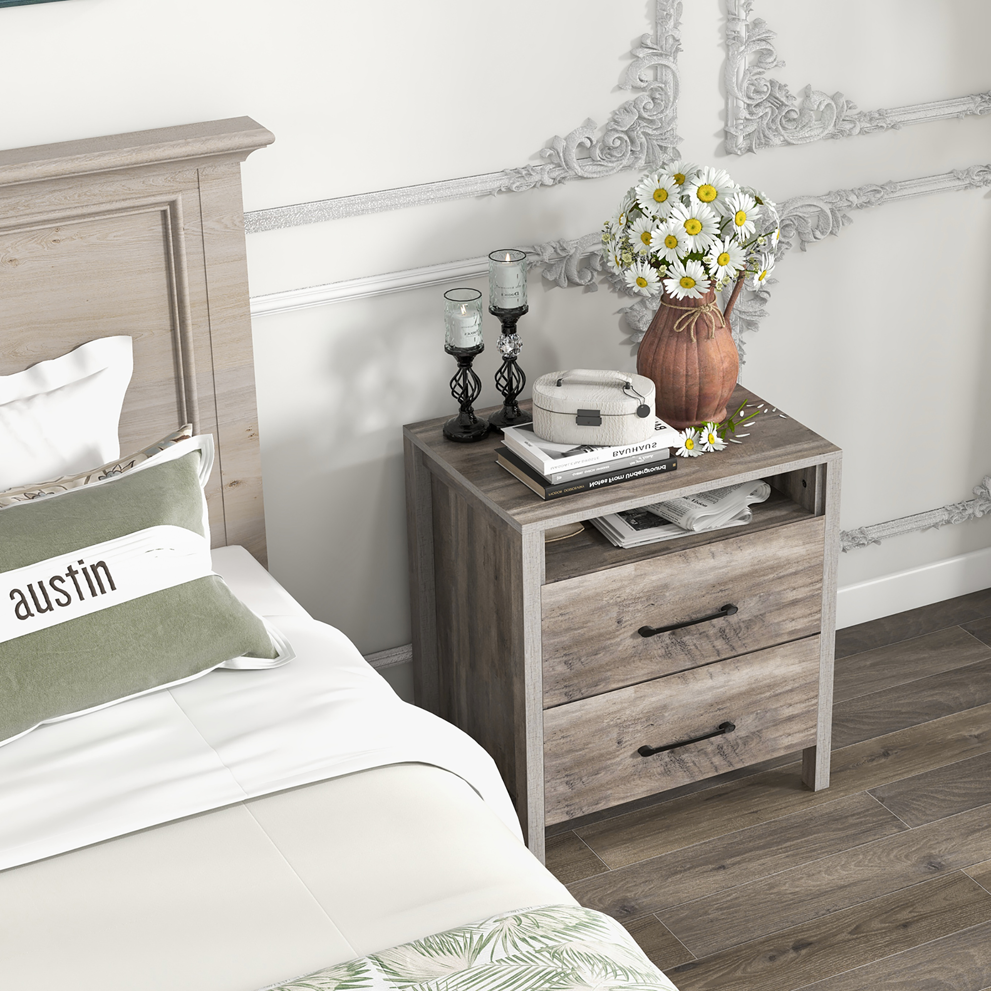 Gymax Nightstand w/ 2 Drawers Farmhouse Bed Side Table w/ Open Storage Shelf