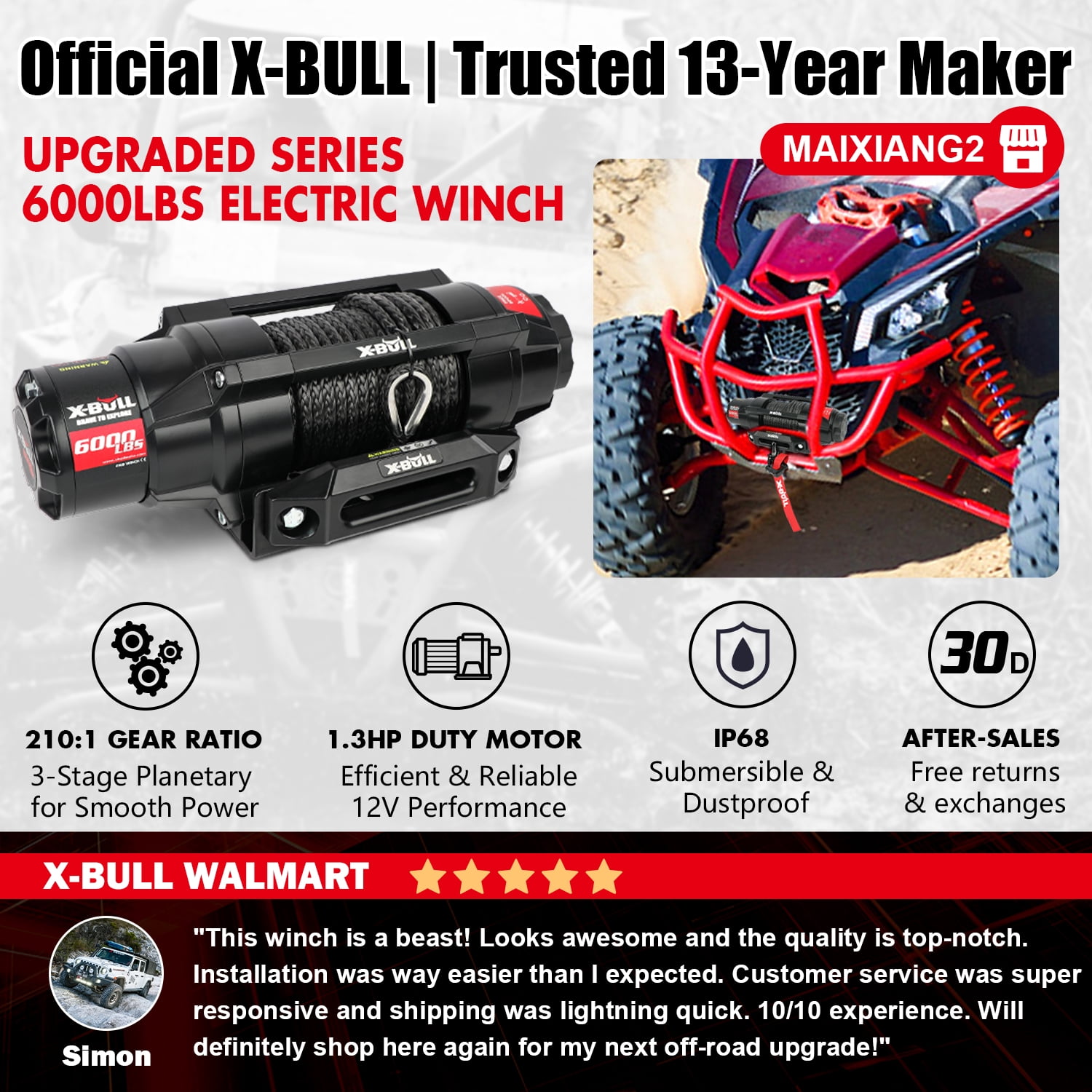 X-BULL 6000LBS IP68 Waterproof Electric Winch 12V 2 in 1 Wireless Remote Synthetic Rope Boat ATV UTV 4WD Winch Off-Road