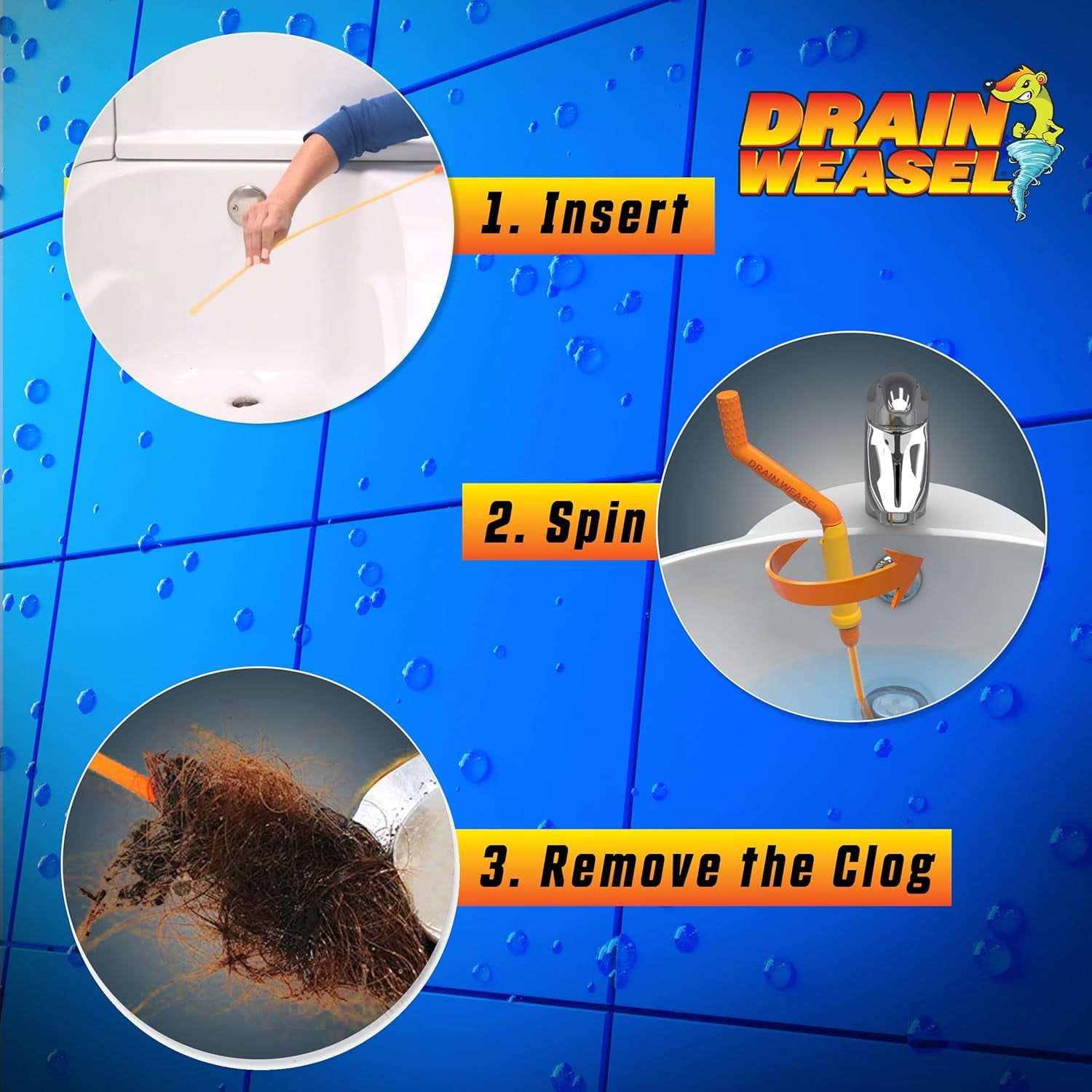 FlexiSnake Drain Weasel MAX Drain Hair Clog Remover Tool with Rotating Handle and 2 Wand Refills, Made in the , 20 inch