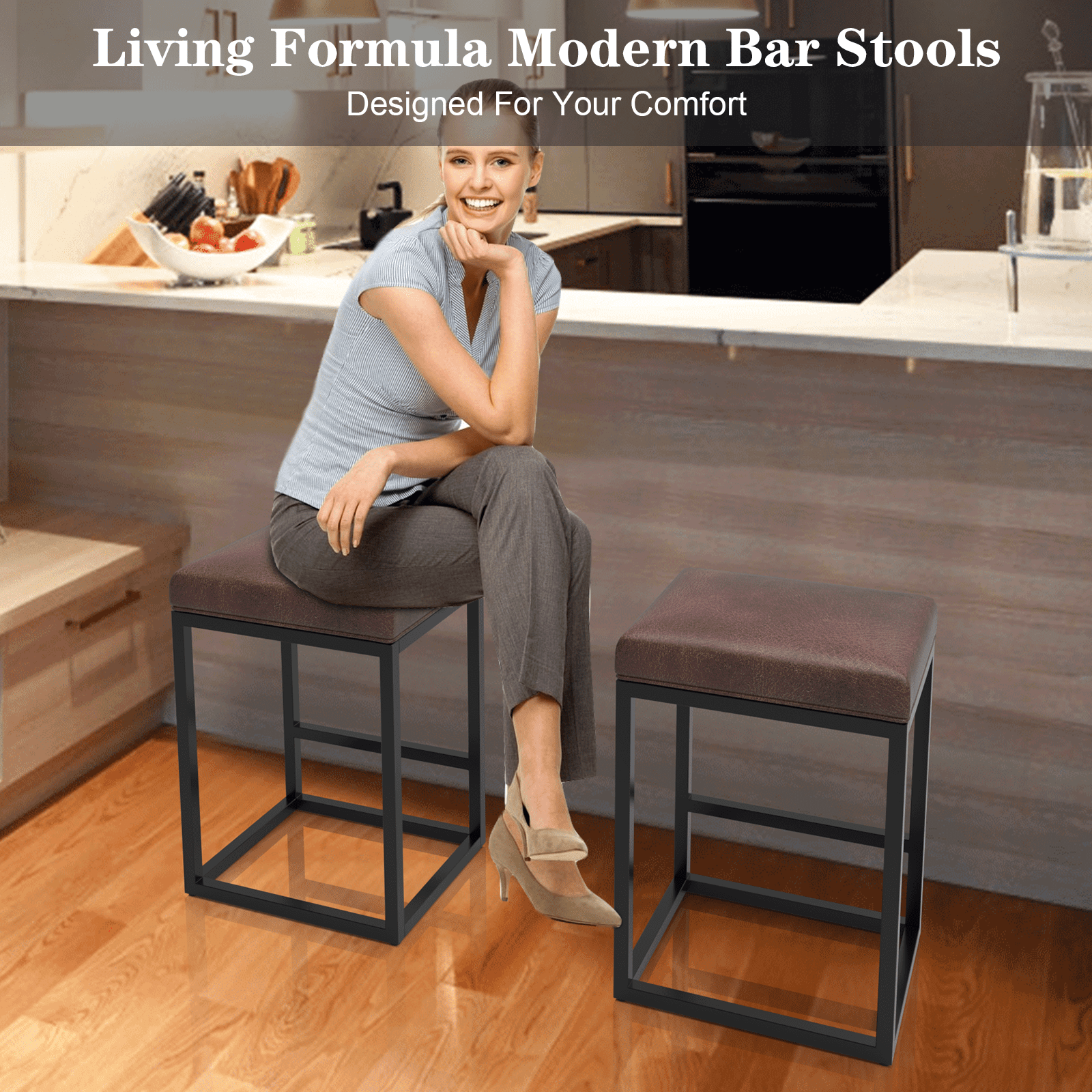 Nathaniel Home 24 Inch Bar Stools Set of 2, Modern PU Leather Metal Barstool, Backless Kitchen Dining Cafe Stool, Upholstered Bar Stool with Footrest, Light Brown