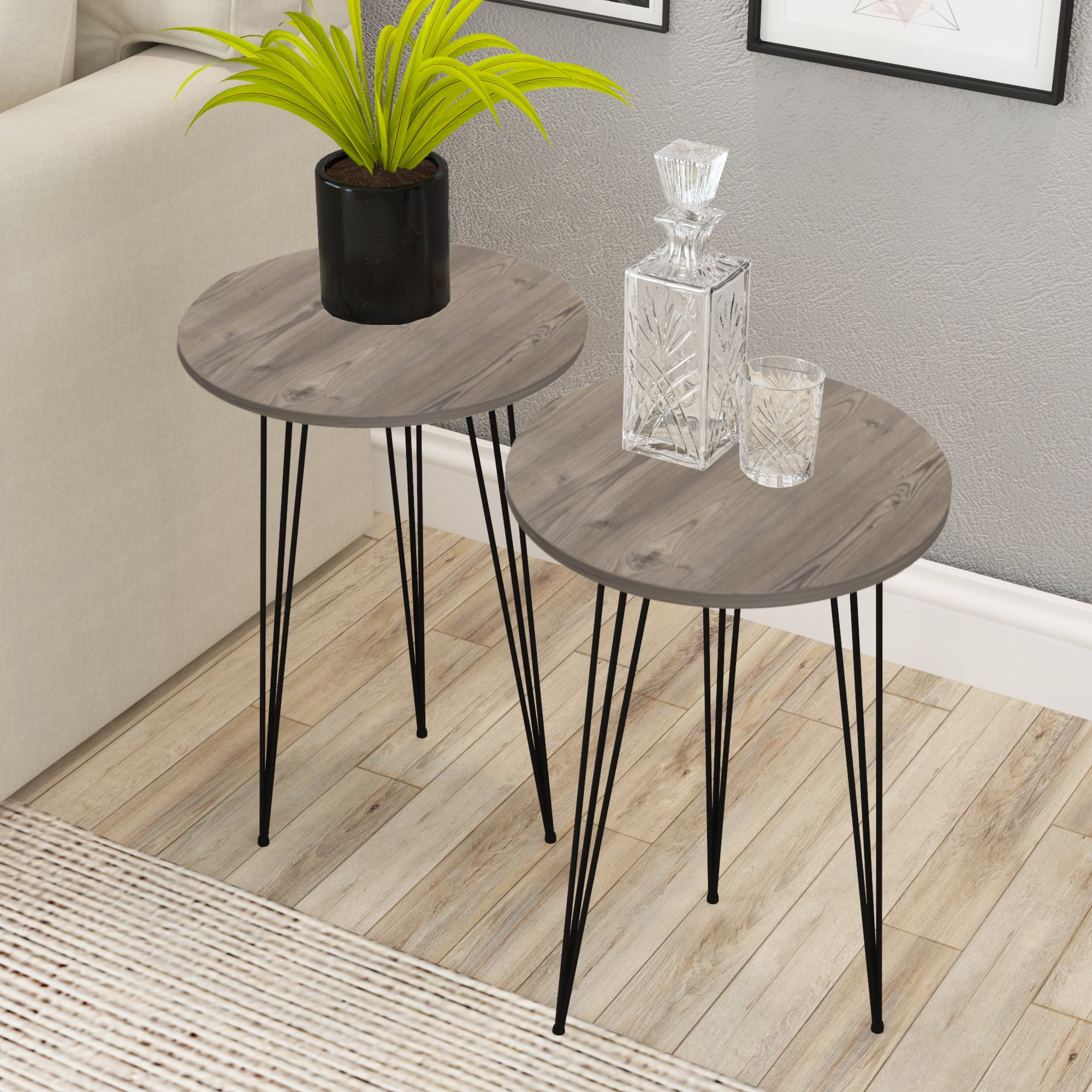 Gray Home Office PAK Home Pine Wood Round Stacking Coffee Side Accent Tables with Metal Legs for Living Room Set of 3 Nesting END Tables Sturdy /& Easy Assembly Nightstands for Bedroom
