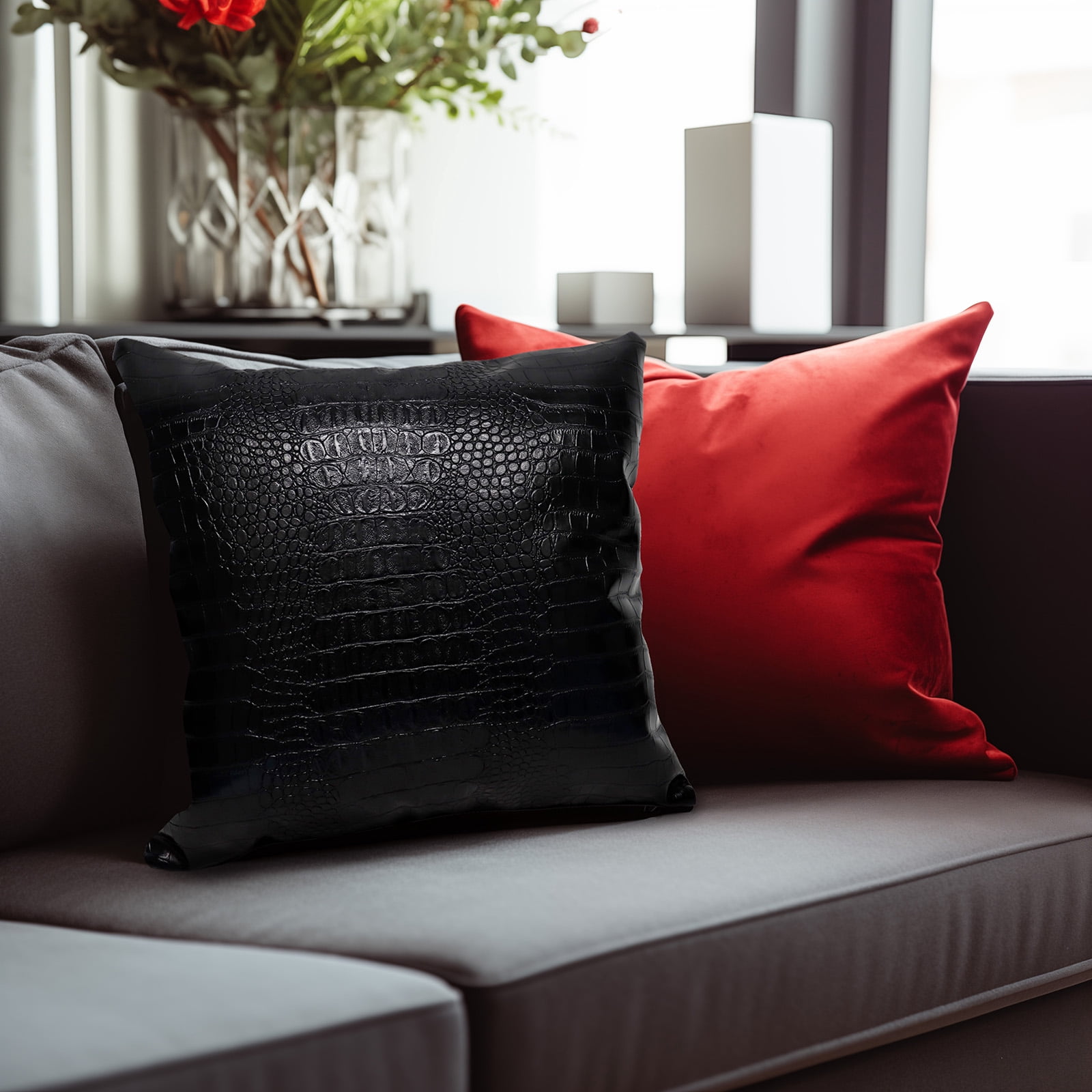 MUKA 2 Pcs Faux Leather Throw Pillow Covers 18 X 18 Inches, Solid Dyed Crocodile PU Leather Sofa Backrest Throw Pillow Cover-Gold