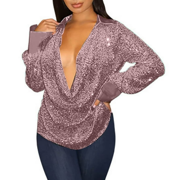 T Shirts Women Casual Loose Temperament Deep V Pleated Lapel Sequins Long Sleeve Pullover Tshirts Women Pink M