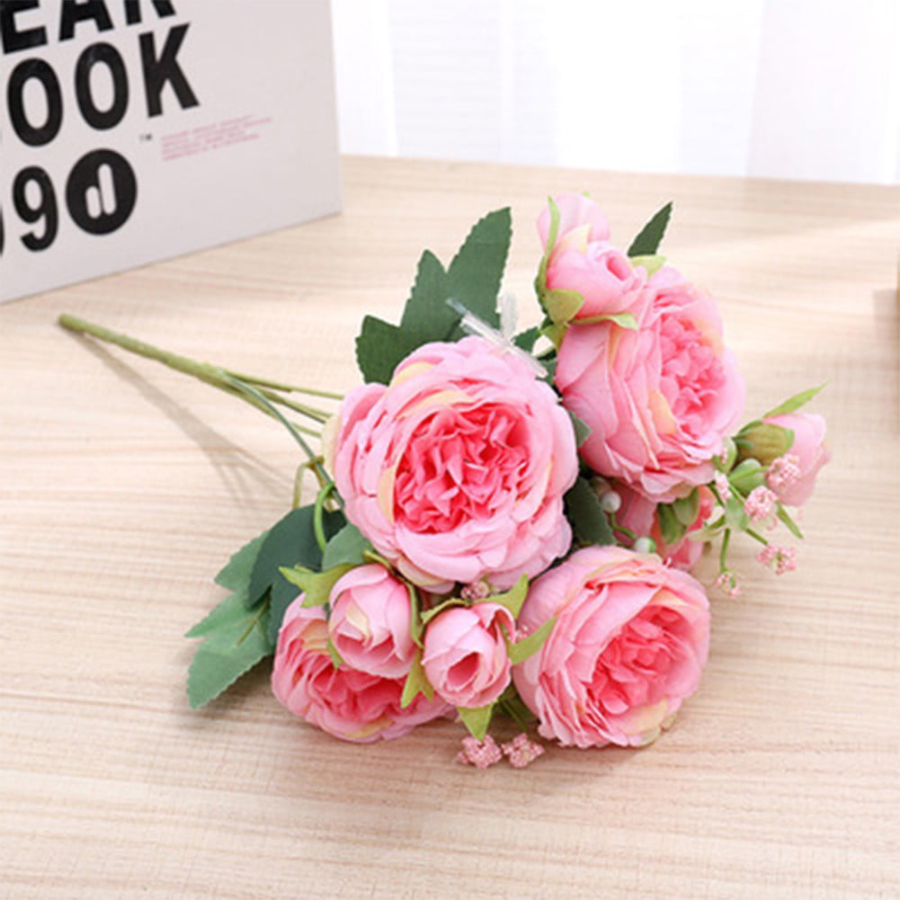 5 Heads Rose Peony Artificial Flowers Silk Pink Bouquet Wedding Home Party Decor