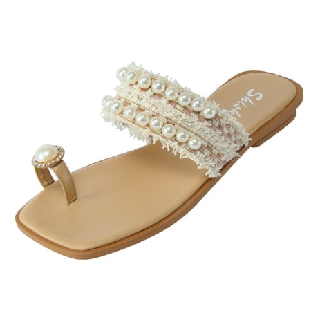 

Slippers For Women Fashion Summer Women Slippers Thong Pearl Strap Flat Comfort Casual Style Beach Pu Pink 42