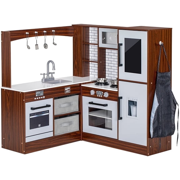BRINJOY Interactive Corner Play Kitchen with Sounds and Lights, Wooden Toddler Playset Includes Microwave, Oven, Sink, Blackboard, Apron and Storage, Gift for Ages 3 