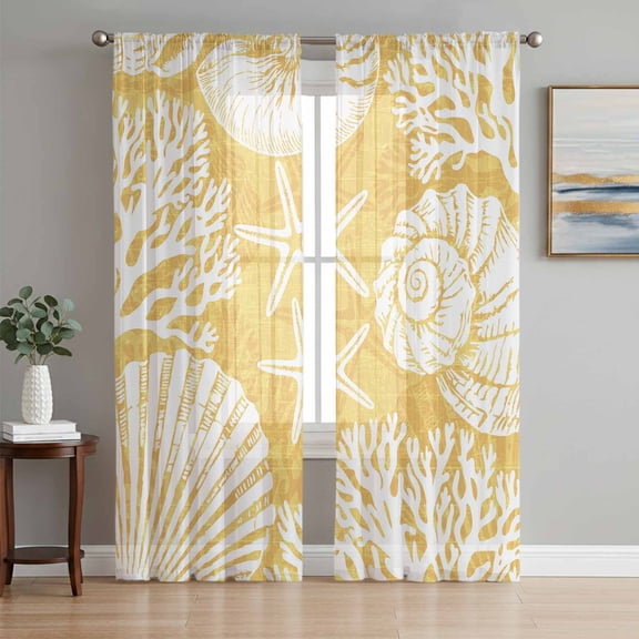 Yellow Conch Coastal Sheer Curtains 72 Inch Length 2 Panels Set, Nautical Summer Starfish Shell Coral Voile Window Treatment Rod Pocket Curtains Sheers for Bedroom/Living Room/Kitchen 52"x72"x2