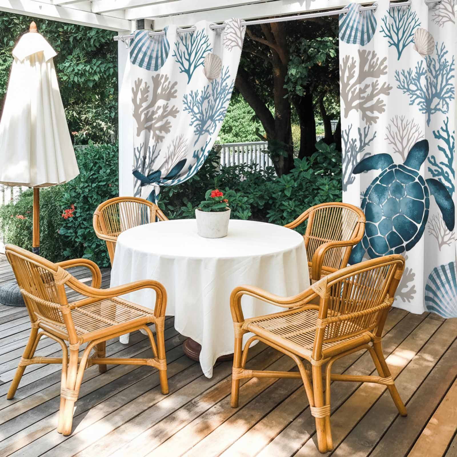 Coastal Sea Turtle Outdoor Curtains for Patio, Blue Gray Shell Coral Ocean Summer Sunshade Privacy Drapes Grommet Waterproof Outside Curtains for Porch/Cabana/Balcony 54"x 108", 2 Panel