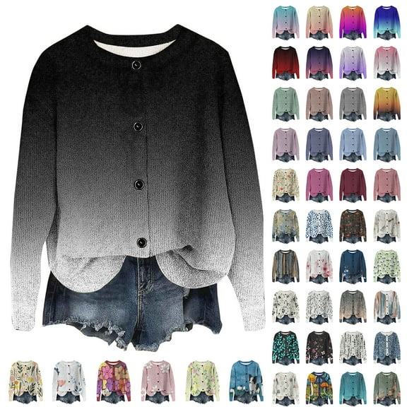 JTZGDY Fall Sweaters for Women Lightweight Casual Tie Dye/Striped/Floral Printed Ribbed Knit Button Down Long Sleeve Cardigan Outwear Jackets Loose Fit Dressy Knitwear Work Shirts Dark Blue#03 M