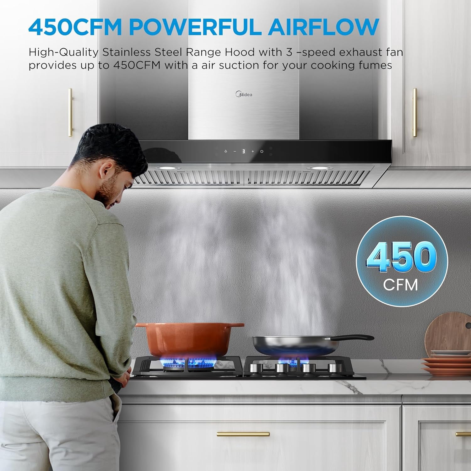 Midea 30-inch T-Shape Range Hood, 450CFM, Convertible, Stainless Steel, MVT30W9AST, New