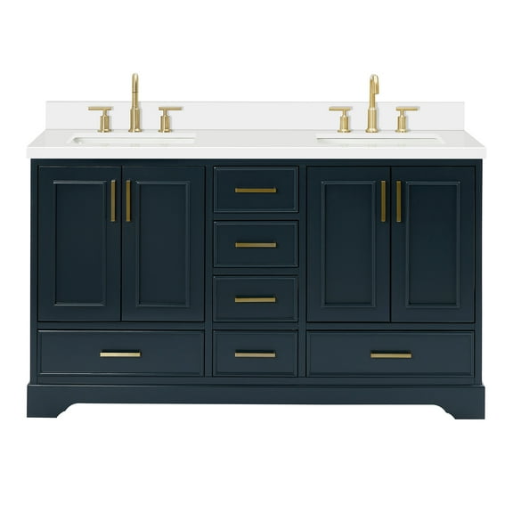 Ariel Stafford 61 Inch Double Rectangle Sink Vanity With White Quartz Countertop W/1.5" Edge In Midnight Blue