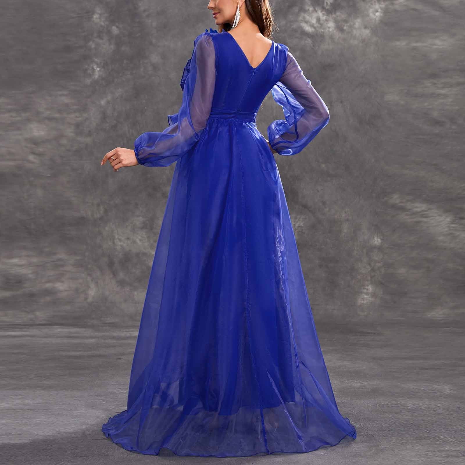 SMihono Deals Elegant Evening Dress for Women V Neck Mesh Puff Sleeve  Ruffles Empire Waist Semi Formal Party Cocktail Maxi Dress Ball Gowns Blue  10 - Walmart Business Supplies