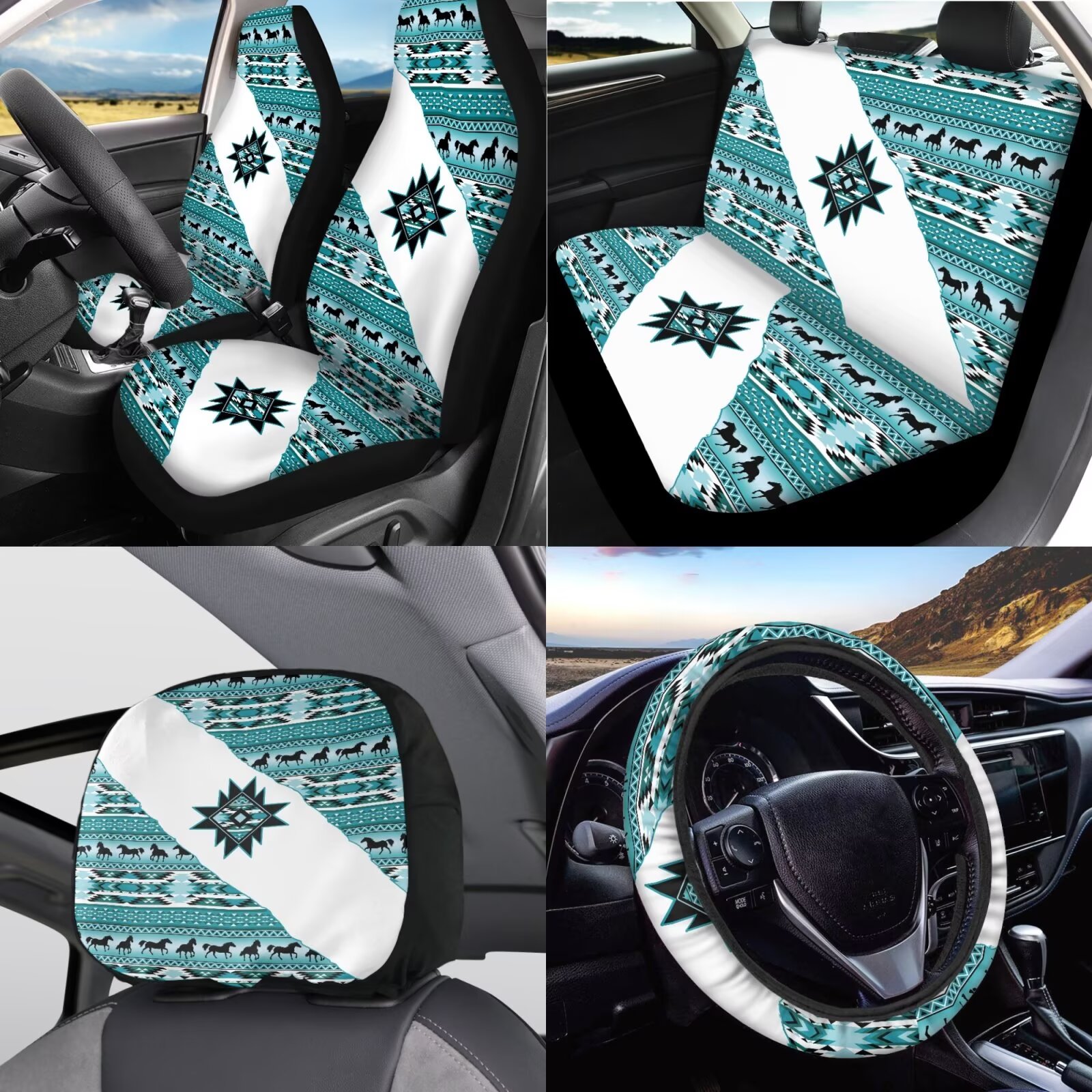 Garronmavis Aztec Geometry Car Seat Cover Full Set Car Accessories for Front Rear Seat Steering Wheel Cover Gear Shift Cover Handbrake Cover Headrest Cover Cup Coasters for Sedan SUV Truck