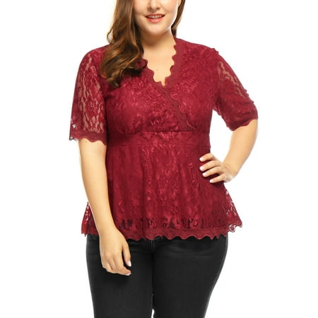 Floral Scallop - Women's Plus Size V Neck Sheer Short Sleeves Scalloped Trim Floral Lace Top
