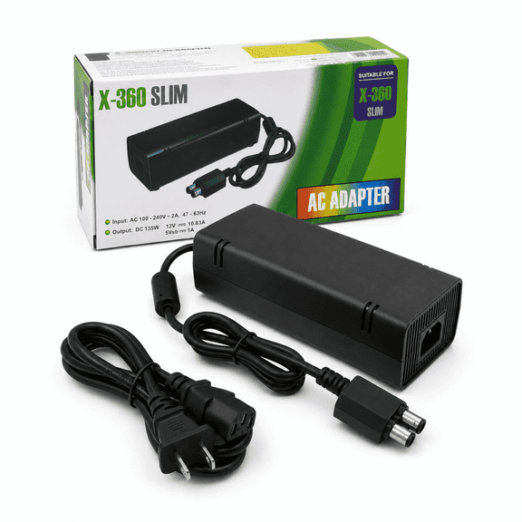 QXWPBV 135W AC Adapter for Xbox 360 Slim, Replacement Power Supply with Cooling Fan and US Cord, 100-240V, Black