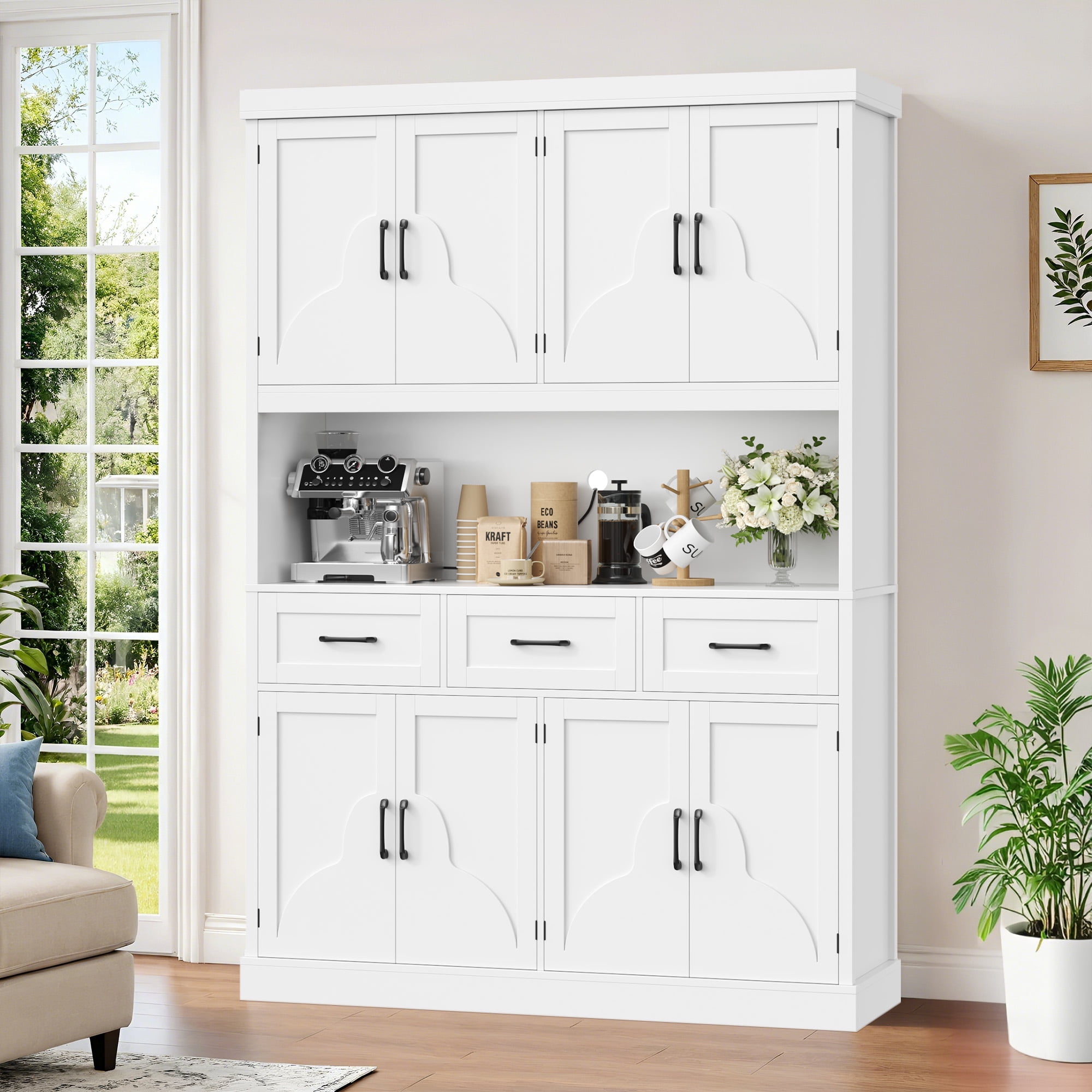 Homfa 76" Tall Kitchen Pantry Cabinet, Modern Storage Cabinet with Microwave Stand, Freestanding Cupboard with 3 drawers, Hutch Cabinet for Living Dining Room, White