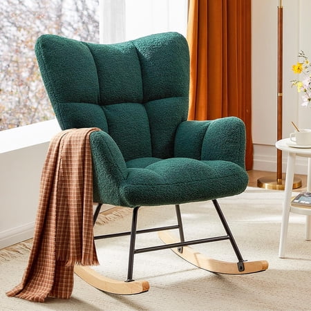 LIFERECORD Teddy Upholstered Glider Rocker High Backrest Reading Chair Modern Rocking Accent Chairs Glider Recliner Green