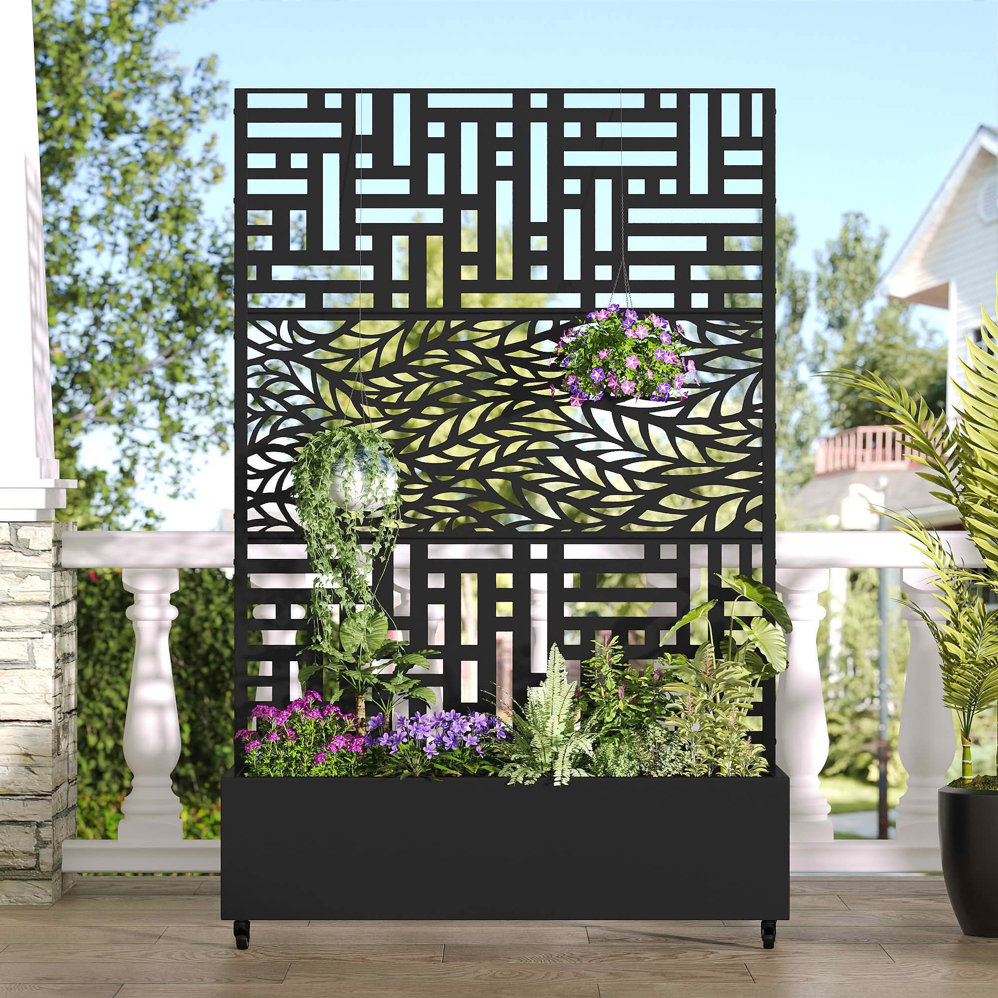MAYEERTY 72x47x16 Inch Black Metal Planter Box with Trellis for Outdoor Garden & Patio