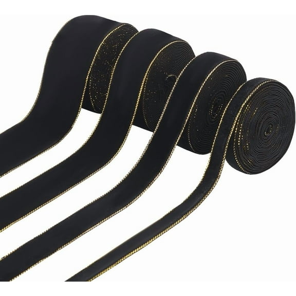 12 Yards 4 Sizes Velvet Wired Ribbon 0.4/0.7/1/1.5'' Wide Black Velvet Ribbon with Golden Edge for Christmas Decoration Gift Wrapping Making Crafts
