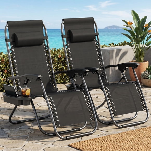 Gaderth 1 Pack Zero Gravity Chair, Adjustable Patio Lounge Chairs with Pillow and Cup Holder Tray, Folding Portable Reclining Outdoor Camping Chairs for Beach Deck Yard Garden Poolside