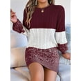 thumbnail image 2 of Women'S Autumn Winter Elegant Patchwork Lantern Sleeve Cable Knit Sweater Dress Wine Red L, 2 of 7