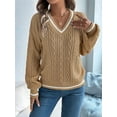 thumbnail image 6 of Women'S Casual V Neck Long Sleeve Sweater Trendy Striped Pullover Cable Knit Preppy Sweaters Khaki L, 6 of 8