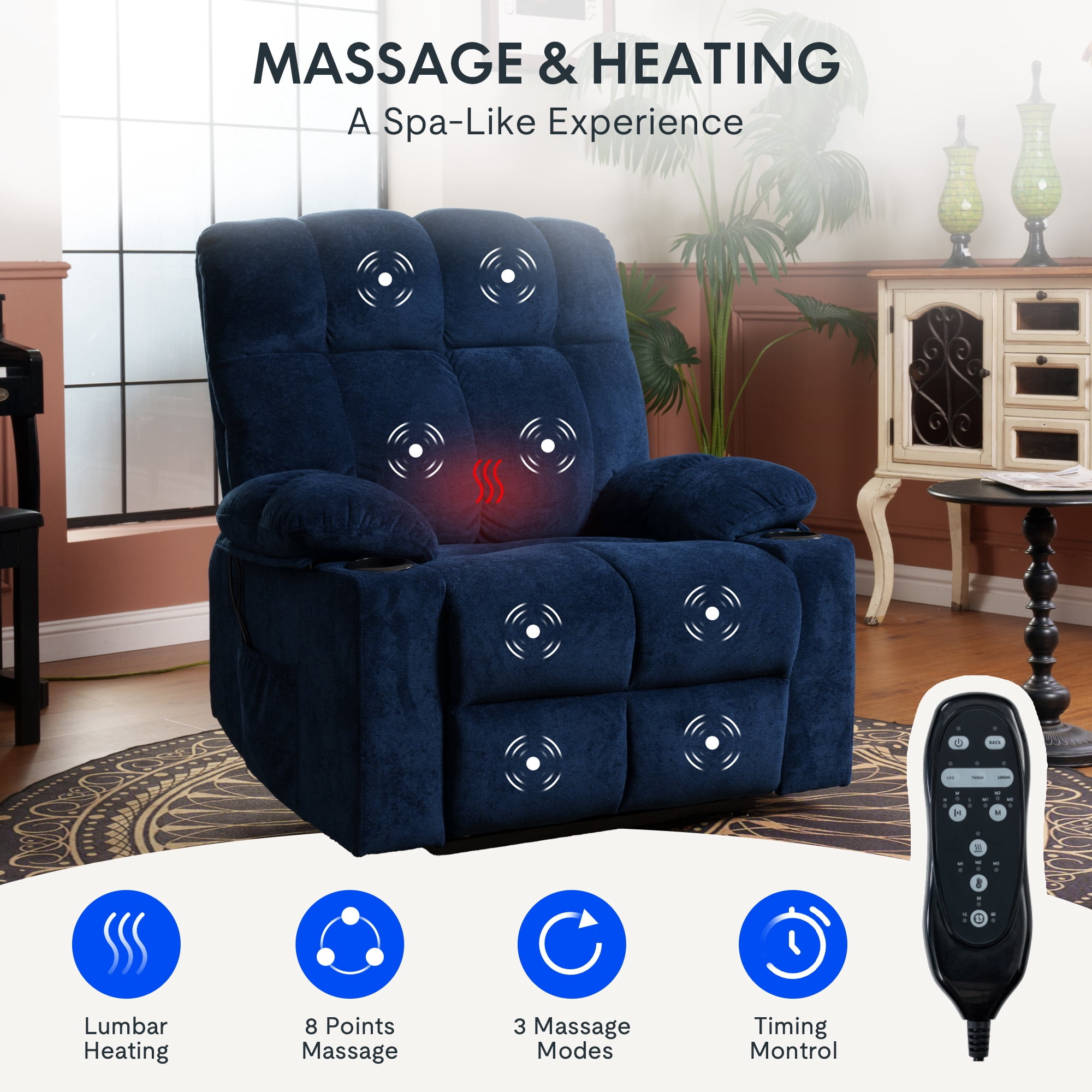 FitStand Dual Motor Power Lift Recliner Chair for Elderly with Massage and Heat, Oversized Lay Flat Sleeping Recliner with USB Charging Ports, Blue
