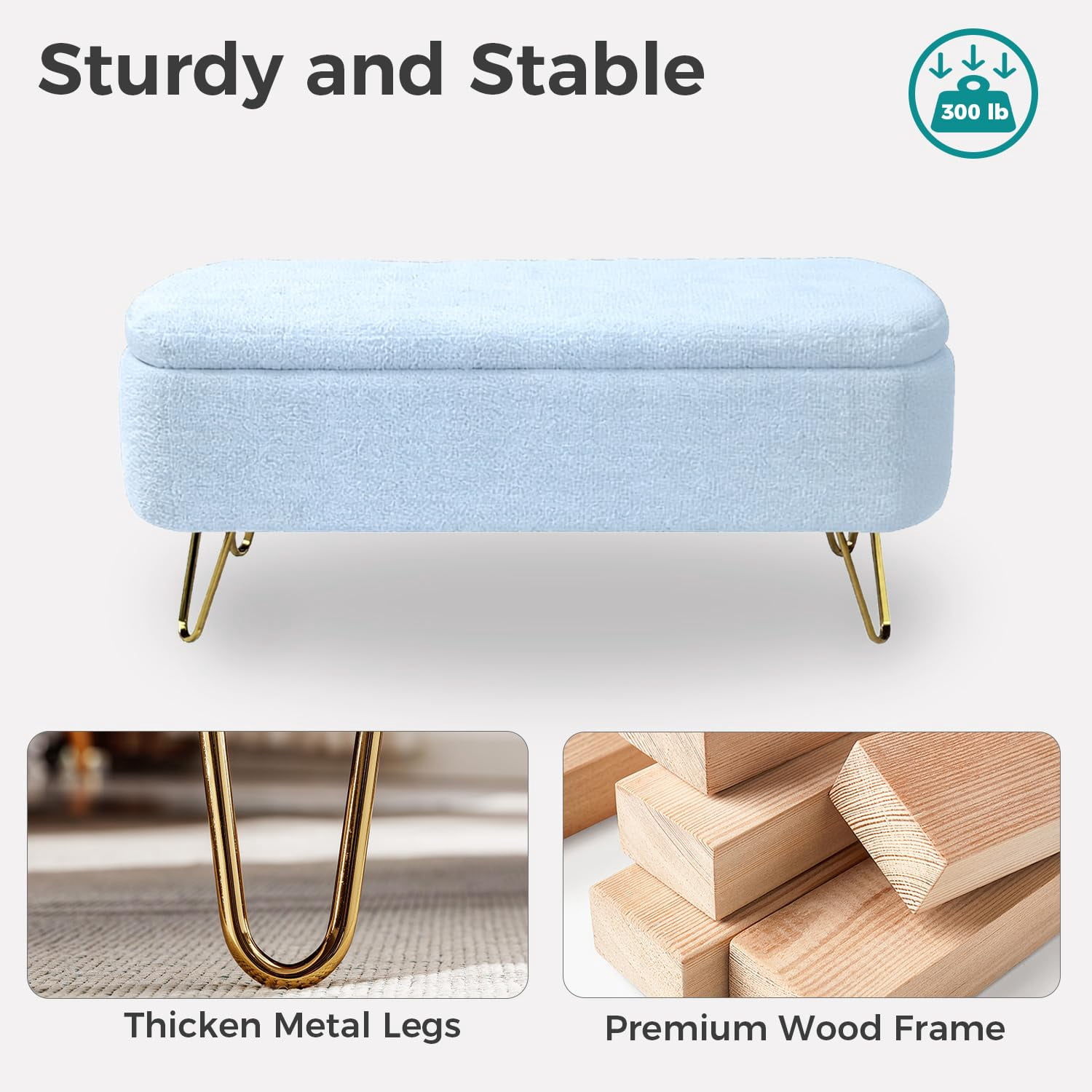 Upholstered Storage Ottoman-Rectangular Padded Seat Bench,Teddy Fabric Shoe Storage with Gold Legs for Bedroom End of Bed, Entryway, and Living Room