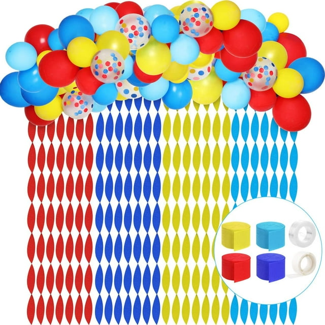 Kit de Guirlande Arche de Ballons Cirque Carnaval Ballons Rouges Bleus Jaunes Ballons Confettis Arc-en-Ciel avec 4 Couleurs Banderoles en Papier Crêpe pour Décoration de Fête de Naissance Anniversaire