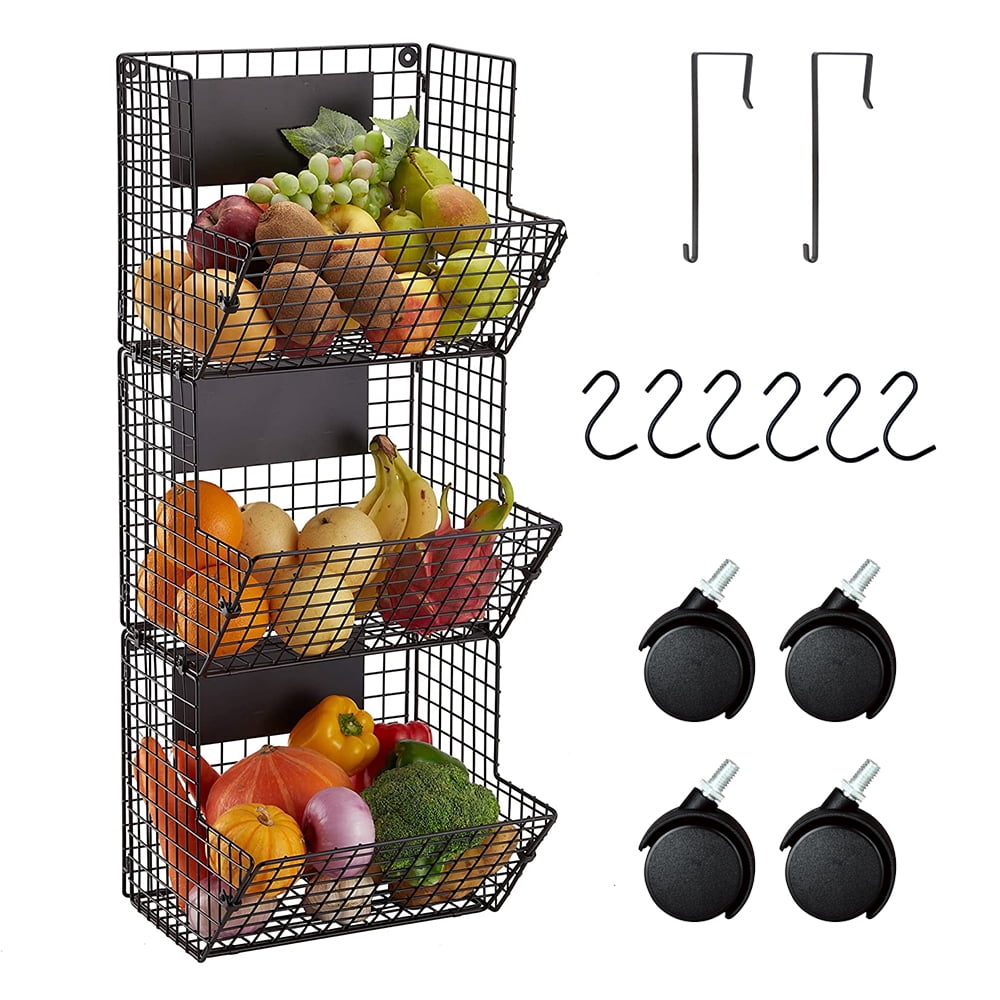 Fruit Basket 3 Tier Metal Kitchen Baskets Rack Wire Wall Mounted Produce Baskets with Hooks and Wheels for Kitchen Storage Vegetable