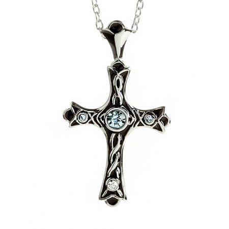 Stainless Steel Budded Black Enamel Blue Crystal Cross Pendant