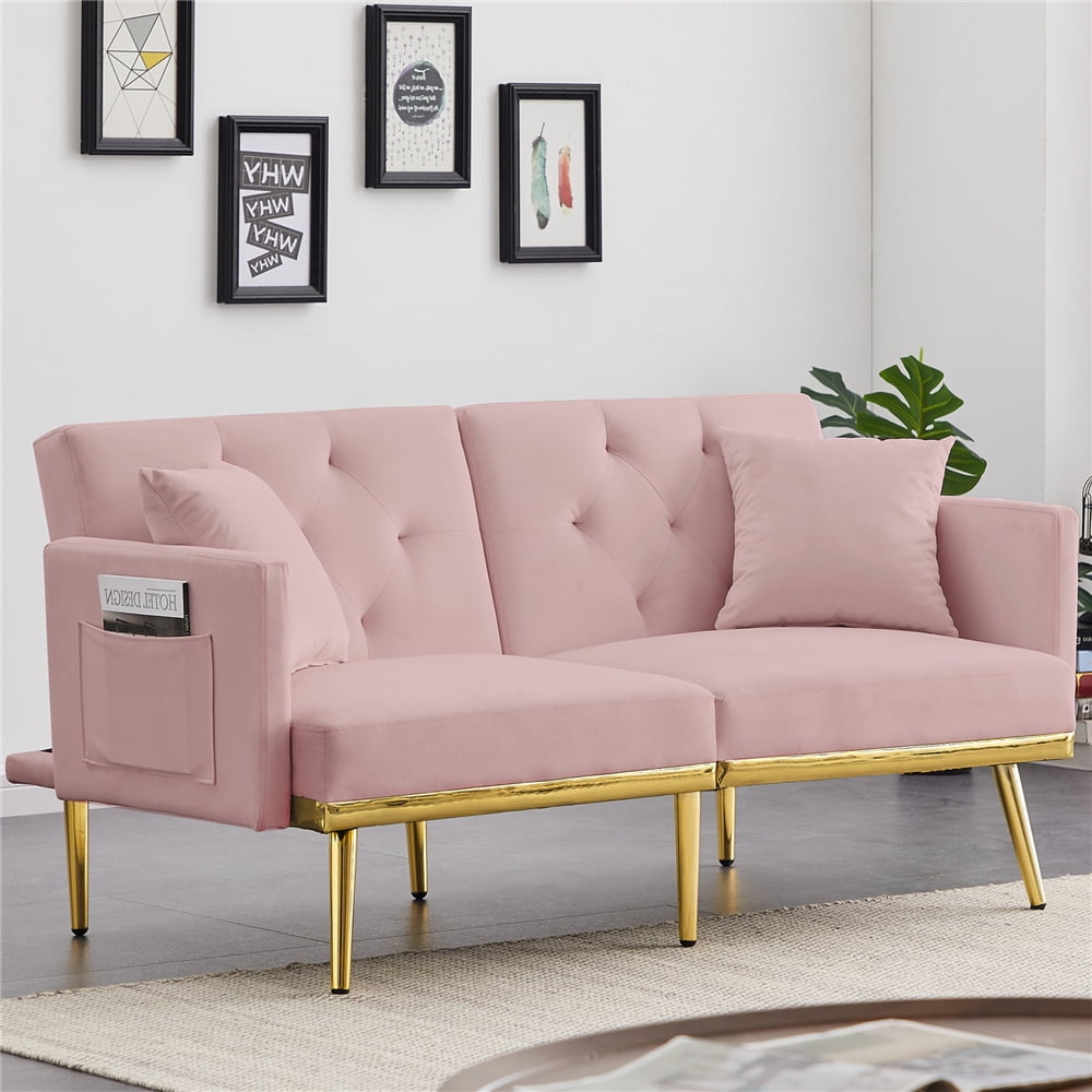 Pink Fabric Sofa Set, Convertible Sofa for Small Spaces, Upholstered Sofa with Wood Frame and 2