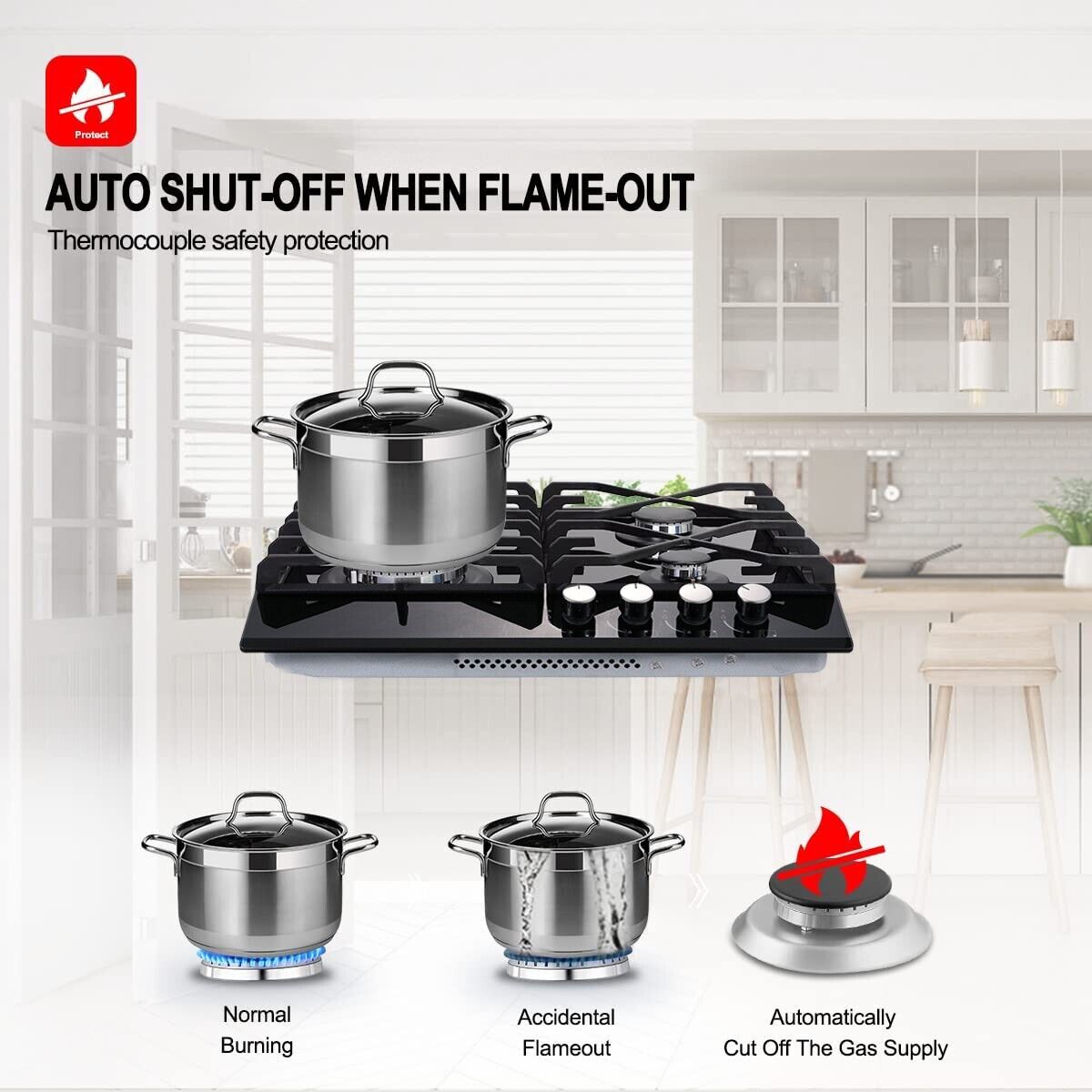 24" Kitchen Built-in Gas Cooktop 4 burners NG/LPG Stainless Steel Tempered Glass