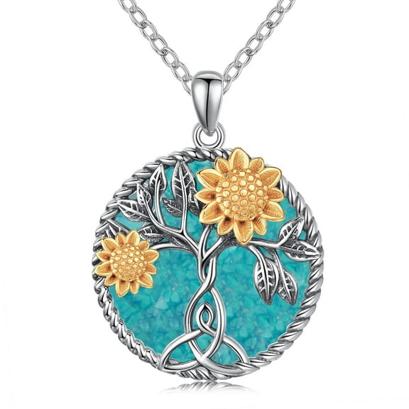 Midir&Etain Sunflower Necklace 925 Sterling Silver Tree of Life Pendant Necklace Turquoise Sunflower Jewelry Gifts for Women Mom