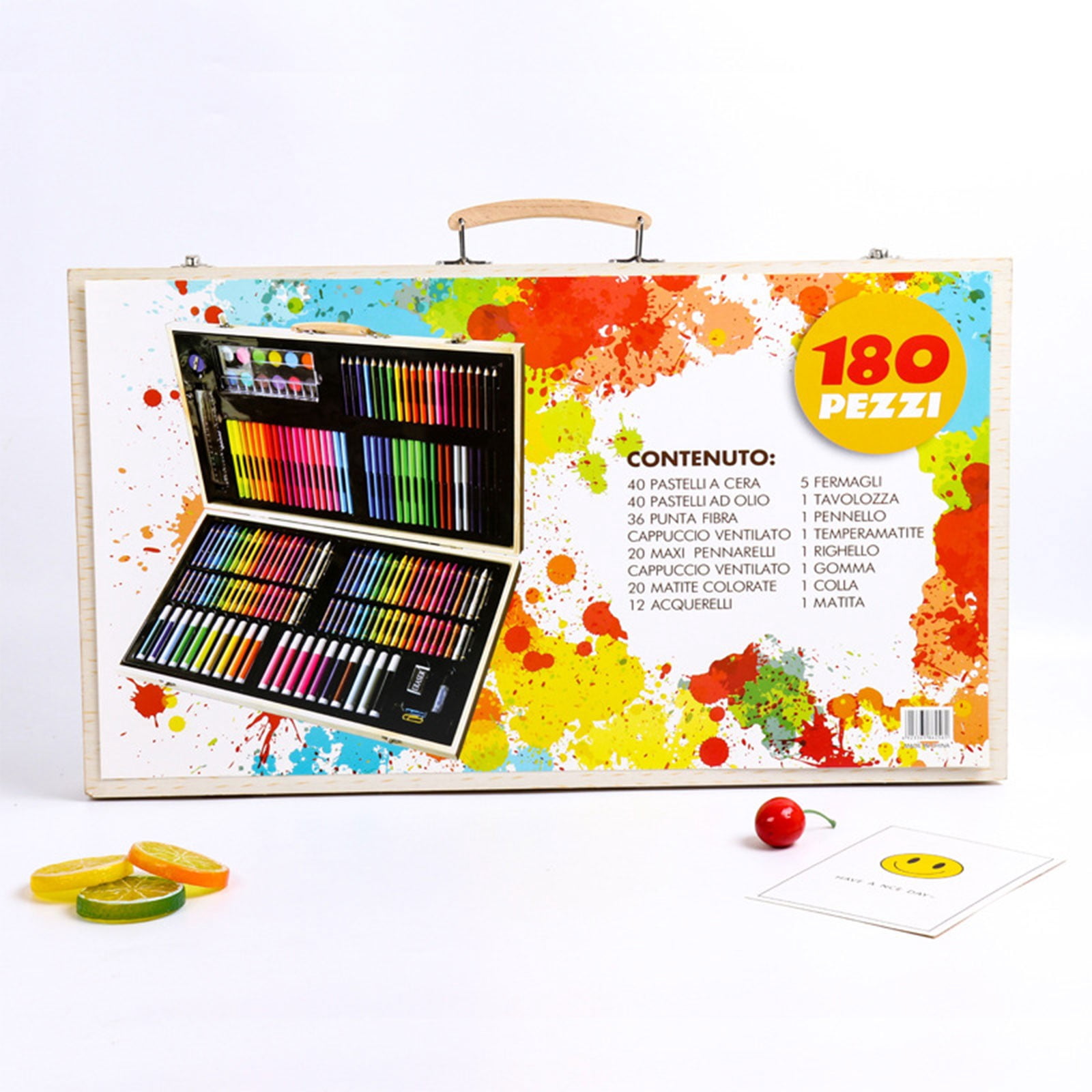 CMYYNNA 180 Piece Deluxe Art Set,Wooden Box & Drawing Kit with Crayons,Oil Pastels,Colored Pencils,Watercolor Cakes,Sketch Pencils,Paint Brush,Sharpener,Eraser,Color Chart (Cherry)
