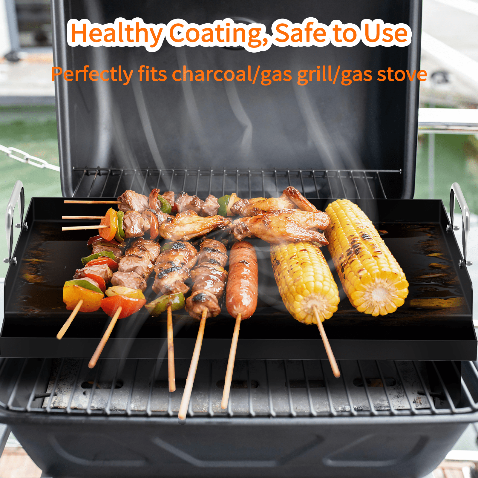 Yacona Griddle for Gas Grill, Outdoor Cast Iron Grill with Grease Trough, Nonstick Stove Top Griddle, 25＂×16＂