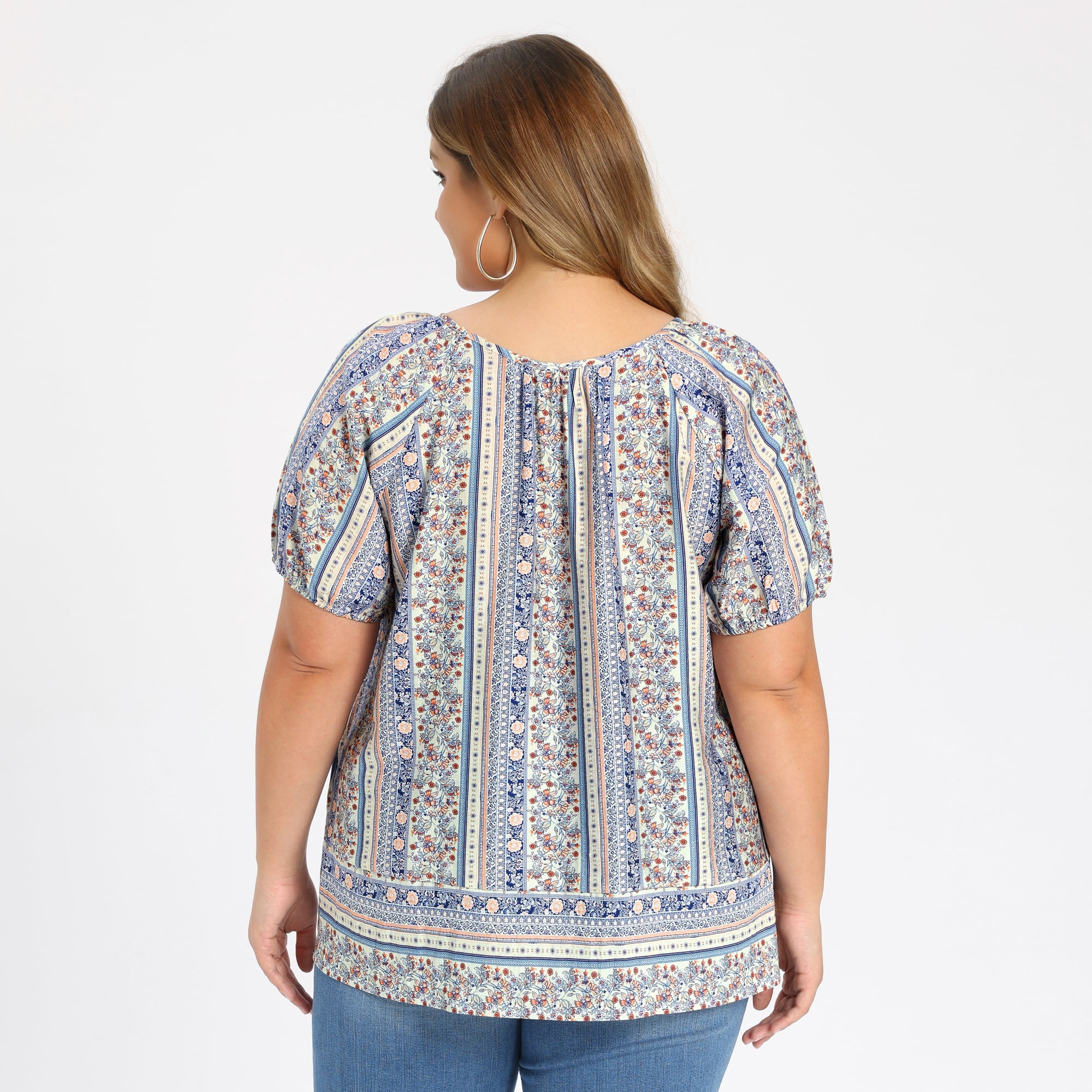 DARING DIVA Women's Plus Boho Floral Round Neck Puff Sleeve Blouse 4X Royal Blue