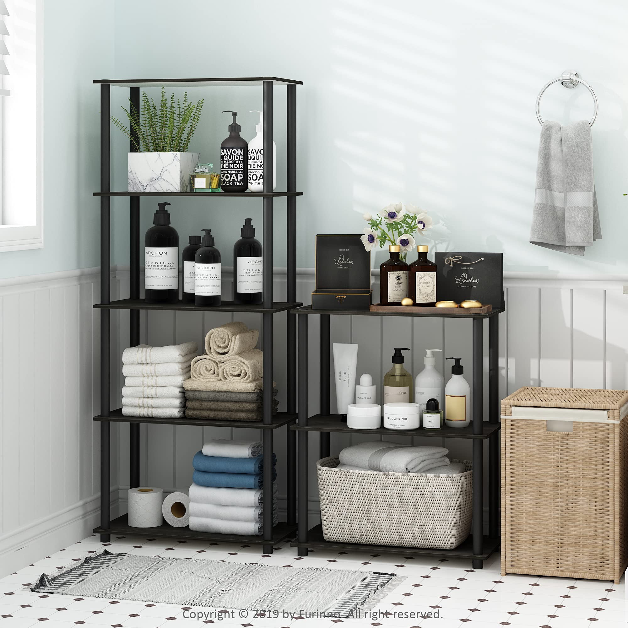 Furinno Multipurpose 23.6 W x 11.4 D x 43.25 H 4-Shelf Freestanding Shelves, Americano and Black