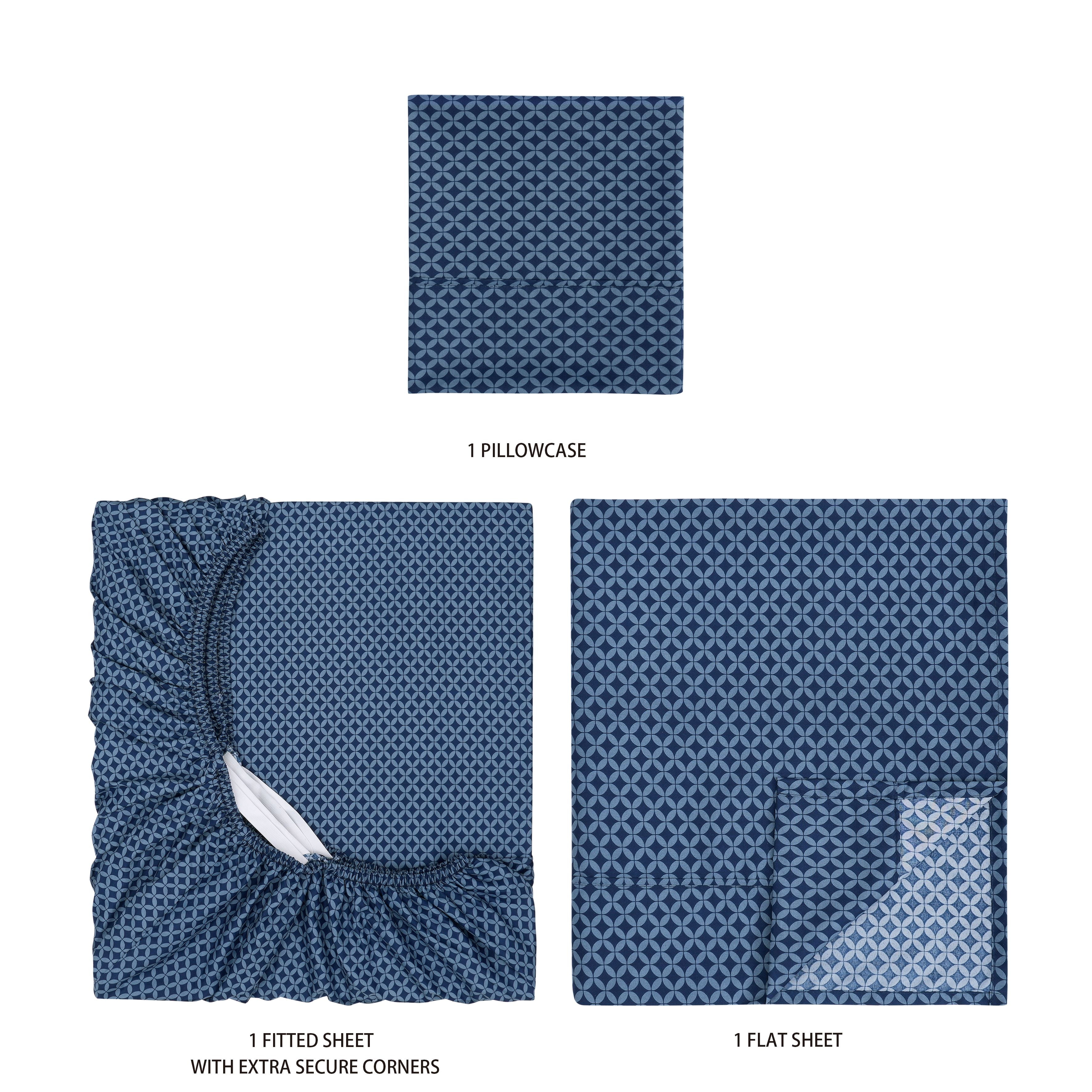 Mainstays Super Soft Brushed Microfiber Bed Sheet Set, Navy Geo, Twin-XL, 3 Piece
