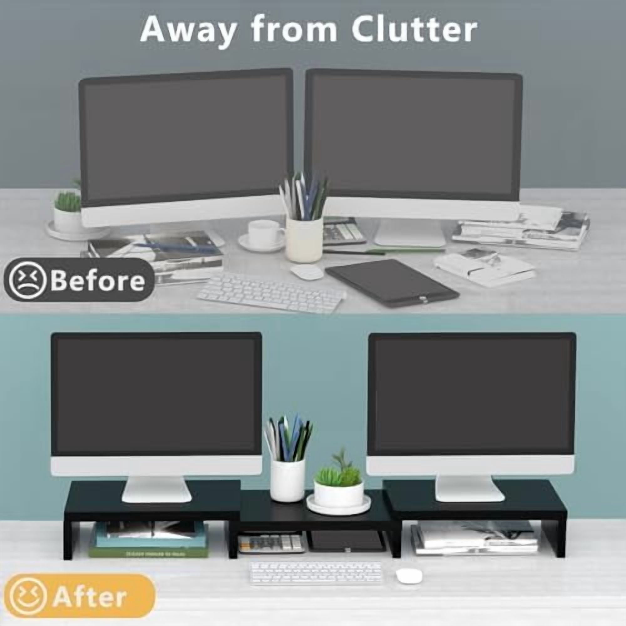 TAVR Dual Monitor Stand Riser Office Desktop Organizer Stand for 2 Monitors, Adjustable Length and Angle 3 Shelf, Extra Long Multifunctional Stand up to 43.3" fit Computer, Laptop, TV, Black