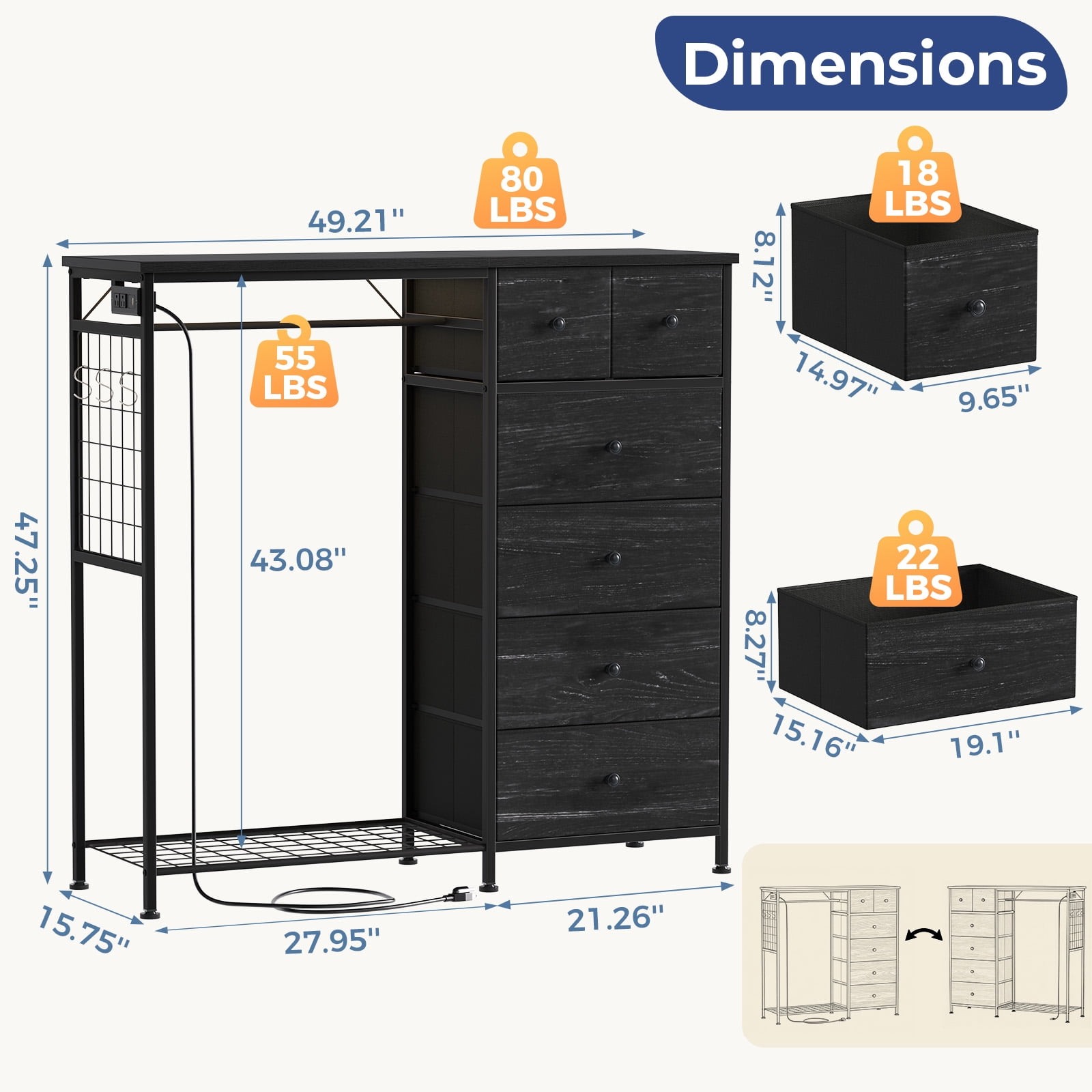 CONCETTA Dresser for Bedroom with Hanging Rack 6 Drawers Dresser, LED Lights & Charging Station, Wooden Top, Grid Panel, Black Wood